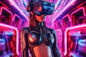 Heavily Stylized Portrait of a Woman Immersed in a VR Headset Simulation photo