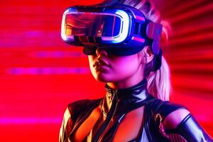 Heavily Stylized Portrait of a Woman Immersed in a VR Headset Simulation photo