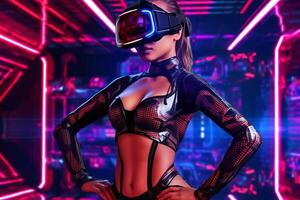 Heavily Stylized Portrait of a Woman Immersed in a VR Headset Simulation photo