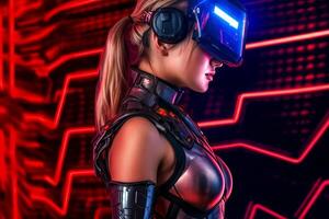Heavily Stylized Portrait of a Woman Immersed in a VR Headset Simulation photo