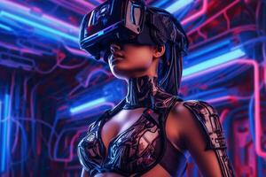 Heavily Stylized Portrait of a Woman Immersed in a VR Headset Simulation Generative AI photo