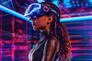 Heavily Stylized Portrait of a Woman Immersed in a VR Headset Simulation photo