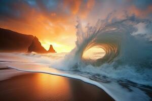 olas salpicaduras en un escénico paisaje de playa generativo ai foto