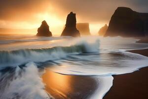 olas salpicaduras en un escénico paisaje de playa generativo ai foto