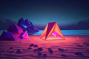 Low-Poly Neon Summer Beachscape Generative AI photo