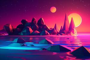 Low-Poly Neon Summer Beachscape Generative AI photo