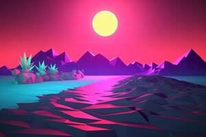 Low-Poly Neon Summer Beachscape Generative AI photo