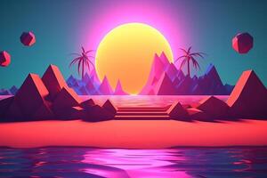 Low-Poly Neon Summer Beachscape Generative AI photo