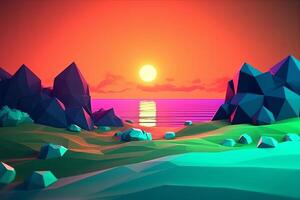 Low-Poly Neon Summer Beachscape Generative AI photo