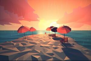 Low-Poly Stormy Summer Beachscape Generative AI photo