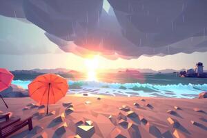 Low-Poly Stormy Summer Beachscape Generative AI photo