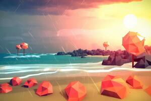 Low-Poly Stormy Summer Beachscape Generative AI photo