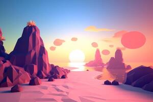 Low-Poly Summer Beachscape Generative AI photo