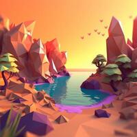 Low-Poly Summer Beachscape Generative AI photo