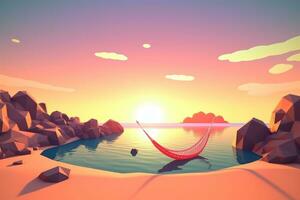 Low-Poly Summer Beachscape Generative AI photo