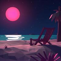 Low-Poly Summer Night Beachscape Generative AI photo