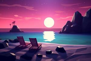 Low-Poly Summer Night Beachscape Generative AI photo