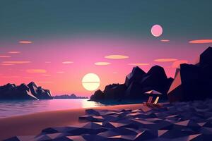 Low-Poly Summer Night Beachscape Generative AI photo