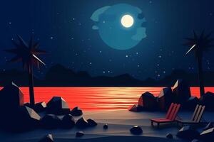 Low-Poly Summer Night Beachscape Generative AI photo