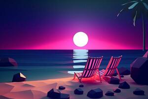 Low-Poly Summer Night Beachscape Generative AI photo