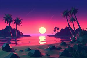 Low-Poly Summer Night Beachscape Generative AI photo