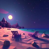 Low-Poly Summer Night Beachscape Generative AI photo