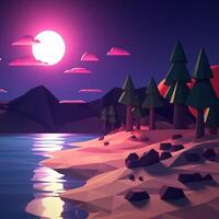 Low-Poly Summer Night Beachscape Generative AI photo