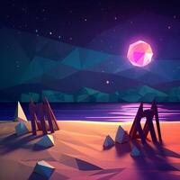 Low-Poly Summer Night Beachscape Generative AI photo