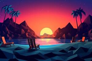 Low-Poly Summer Night Beachscape Generative AI photo