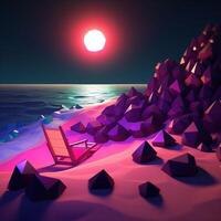 Low-Poly Summer Night Beachscape Generative AI photo