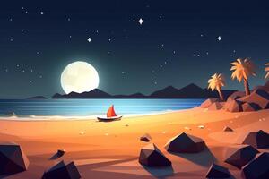 Low-Poly Summer Night Beachscape Generative AI photo