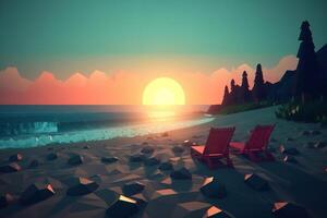 Low-Poly Twilight Beachscape Background Generative AI photo