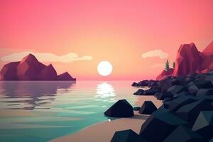 Low-Poly Twilight Beachscape Background Generative AI photo