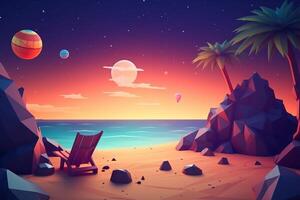 Low-Poly Twilight Beachscape Background Generative AI photo