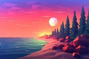 Low-Poly Twilight Beachscape Background Generative AI photo