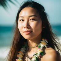 retrato de un asiático mujer en tropical playa generativo ai foto