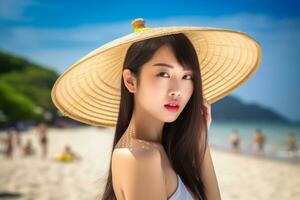 Portrait of an Asian Woman on Tropical Beach Generative AI photo