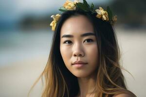 retrato de un asiático mujer en tropical playa generativo ai foto