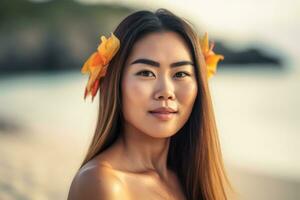 retrato de un asiático mujer en tropical playa generativo ai foto