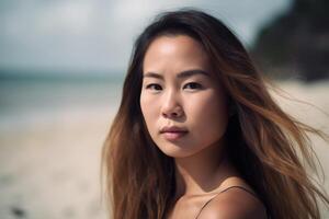 Portrait of an Asian Woman on Tropical Beach Generative AI photo