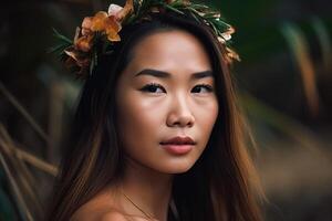 retrato de un asiático mujer en tropical playa generativo ai foto