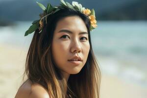 retrato de un asiático mujer en tropical playa generativo ai foto