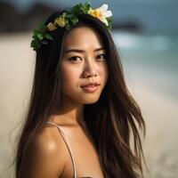 retrato de un asiático mujer en tropical playa generativo ai foto