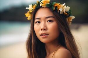 retrato de un asiático mujer en tropical playa generativo ai foto