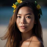 retrato de un asiático mujer en tropical playa generativo ai foto