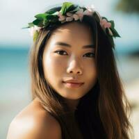 Portrait of an Asian Woman on Tropical Beach Generative AI photo