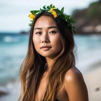 retrato de un asiático mujer en tropical playa generativo ai foto