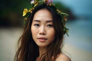 retrato de un asiático mujer en tropical playa generativo ai foto