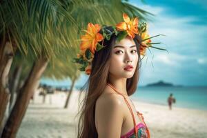 retrato de un asiático mujer en tropical playa generativo ai foto