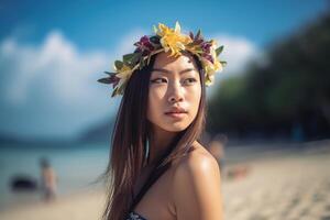 retrato de un asiático mujer en tropical playa generativo ai foto